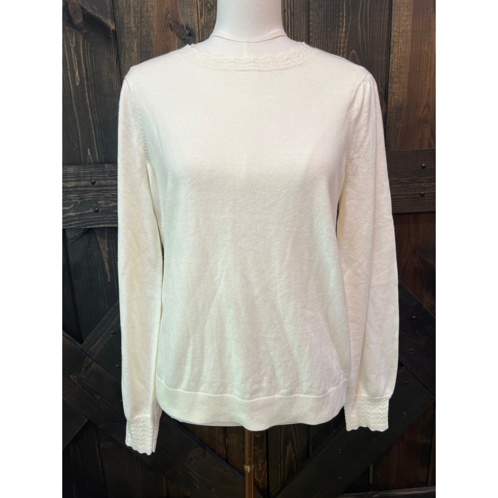 NWT Talbots Ivory Lace Wool Blend Sweater S Puff Sleeve Crewneck Soft Minimalist